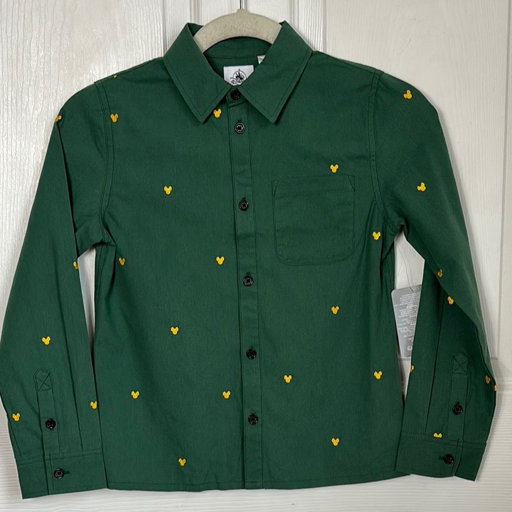 NEW Disney green long sleeve button down shirt Mickey embroidered detail size 10